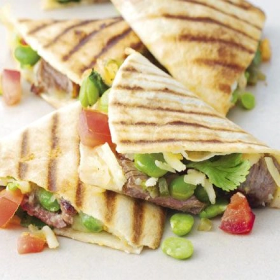 Beef, cheese & broad bean quesadillas