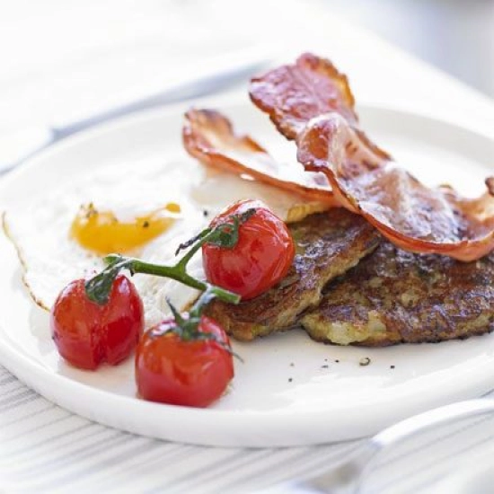 Boxty with bacon, eggs & tomatoes