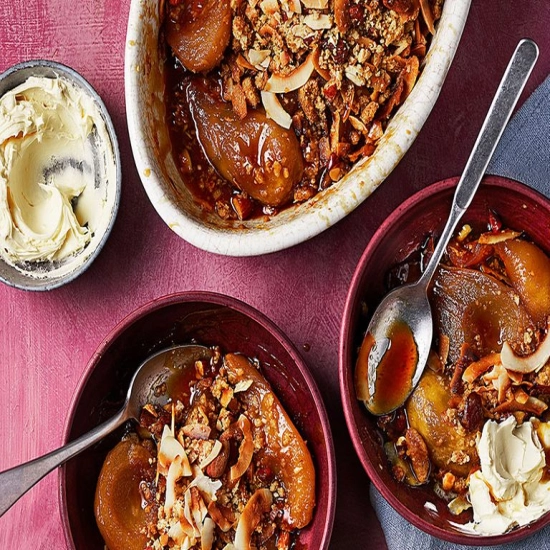 Caramelised pear, rum & coconut crumble