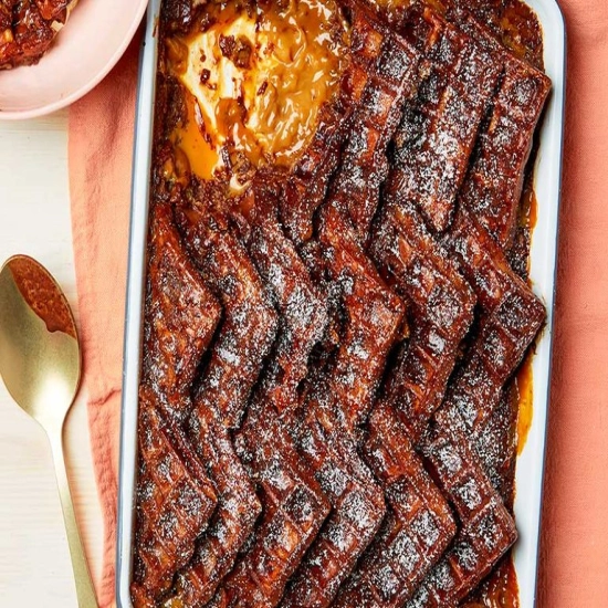 Chocolate & salted caramel waffle bread & butter pudding