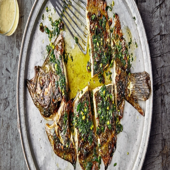 Grilled Flatfish With Pistachio-Herb Sauce