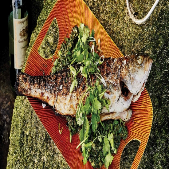 Grilled Salt-and-Pepper Whole Black Bass with Curry Verde Recipe