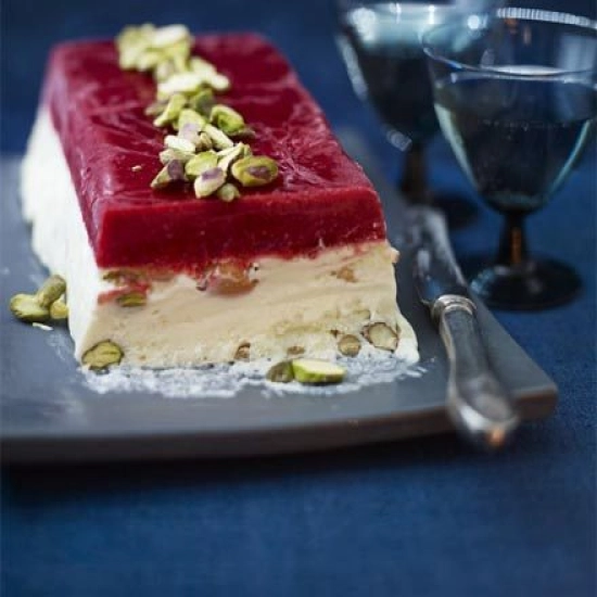 Iced nougat & raspberry terrine