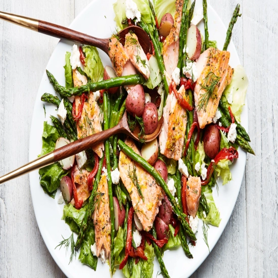 Lemon-Roasted Salmon with Escarole, Asparagus, and Potatoes Recipe