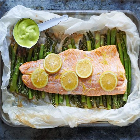 Poached salmon & asparagus with wild garlic mayonnaise