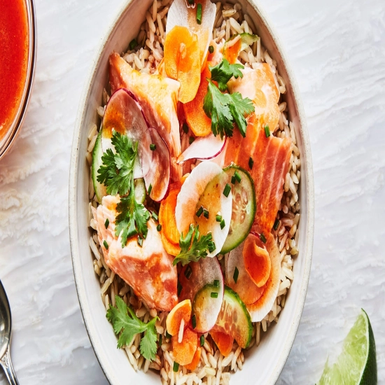 Salmon Rice Bowls with Hot Sauce Vinaigrette and Pickled Veg Recipe