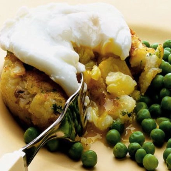 Smoked fish cakes with poached eggs