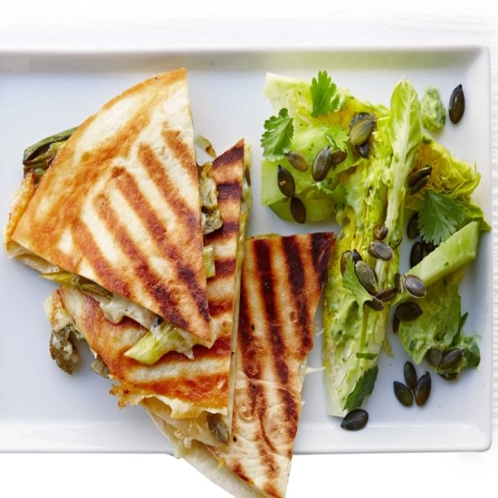 Spring onion quesadillas with guacamole salad