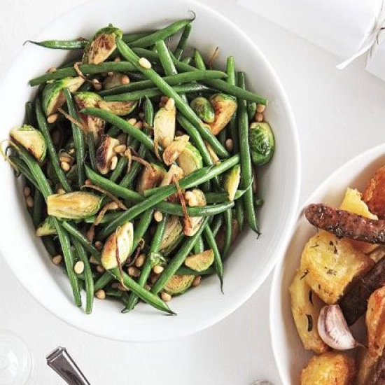Stir-fried sprouts with green beans, lemon & pine nuts