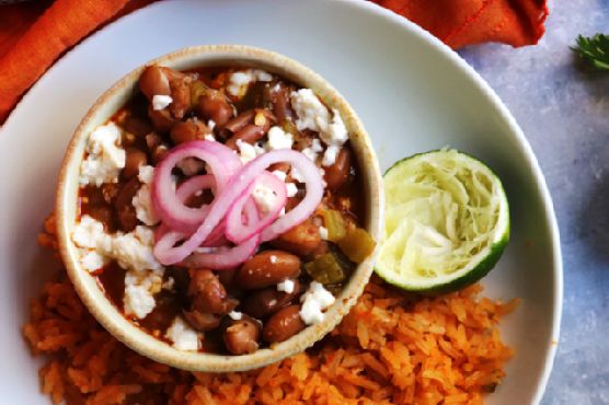 Cranberry Beans with Tequila, Green Chiles, Quick-Pickled Onions, and Mexican Rice