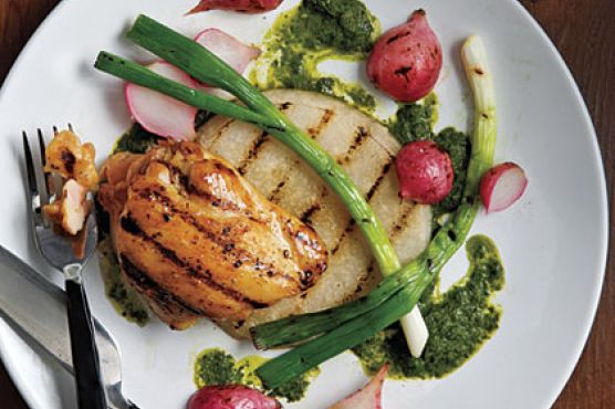 Grilled Jicama, Radishes, Scallions, and Chicken with Asian-Style "Chimichurri