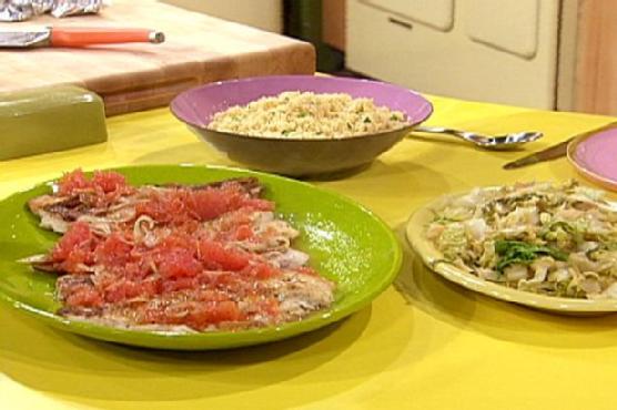 John's Citrus Fish, Savoy Cabbage and Couscous with Peas and Chives