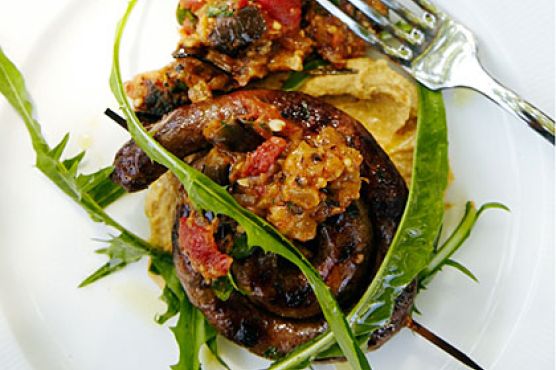 Merguez with Chickpea Purée and Eggplant Jam