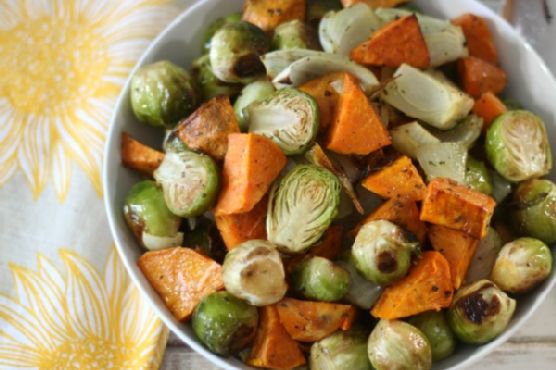 Roasted Sweet Potatoes and Brussels Sprouts #SundaySupper
