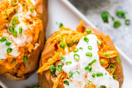 Slow Cooker Buffalo Chicken Sweet Potatoes