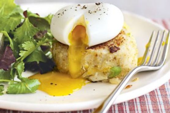 Spicy smoked fish cakes with herb salad & eggs