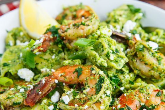 Spinach Pesto, Feta and Shrimp Tortellini